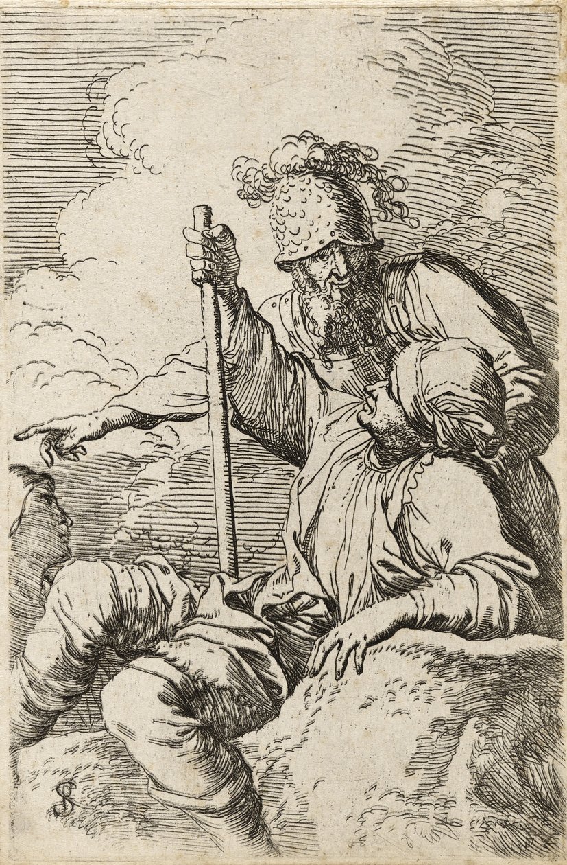 Tre krigere, en sitter på en stein i forgrunnen som holder en stav; den andre står bak ham og peker; den tredje sett som et ansikt bak dem, ca. 1656-57 (etsing med tørrpunkt på lagt papir) av Salvator Rosa