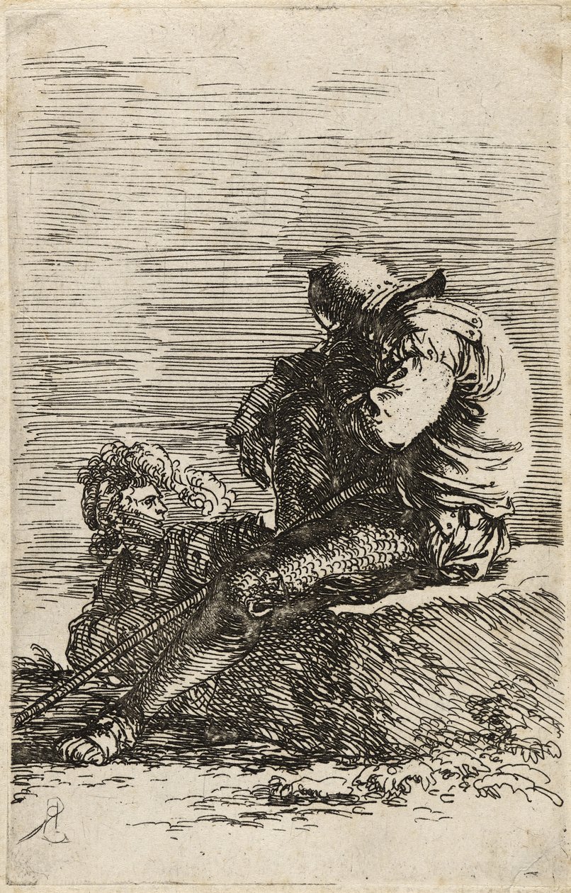To soldater, en sittende på en avsats som holder en stokk, ca. 1656-57 (etsing på lagt papir) av Salvator Rosa