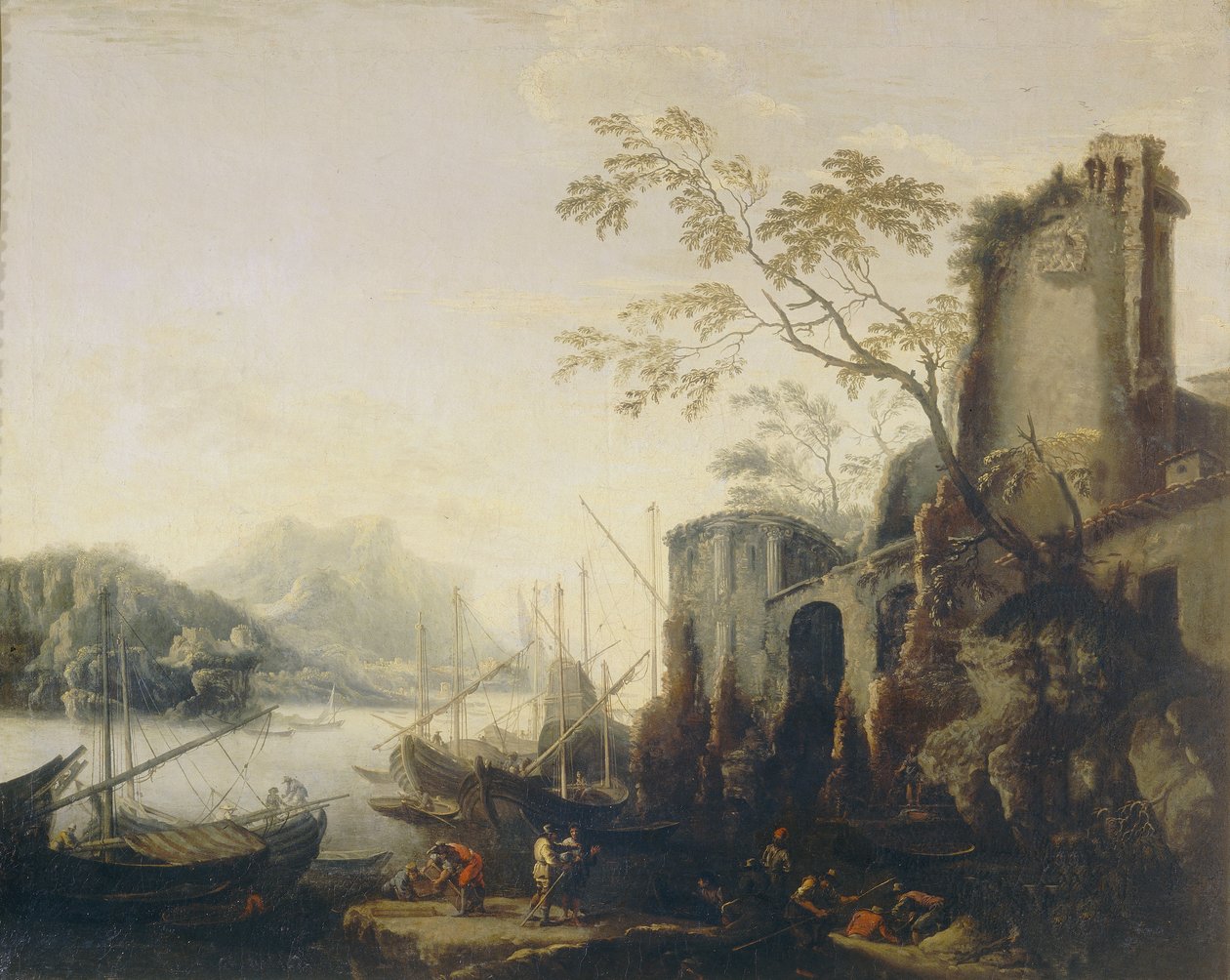 Utsikt over en havn av Salvator Rosa