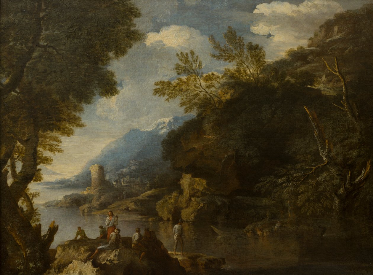 Landskap med figurer og båter, ca. 1635-73 (olje på lerret) av Salvator (follower of) Rosa