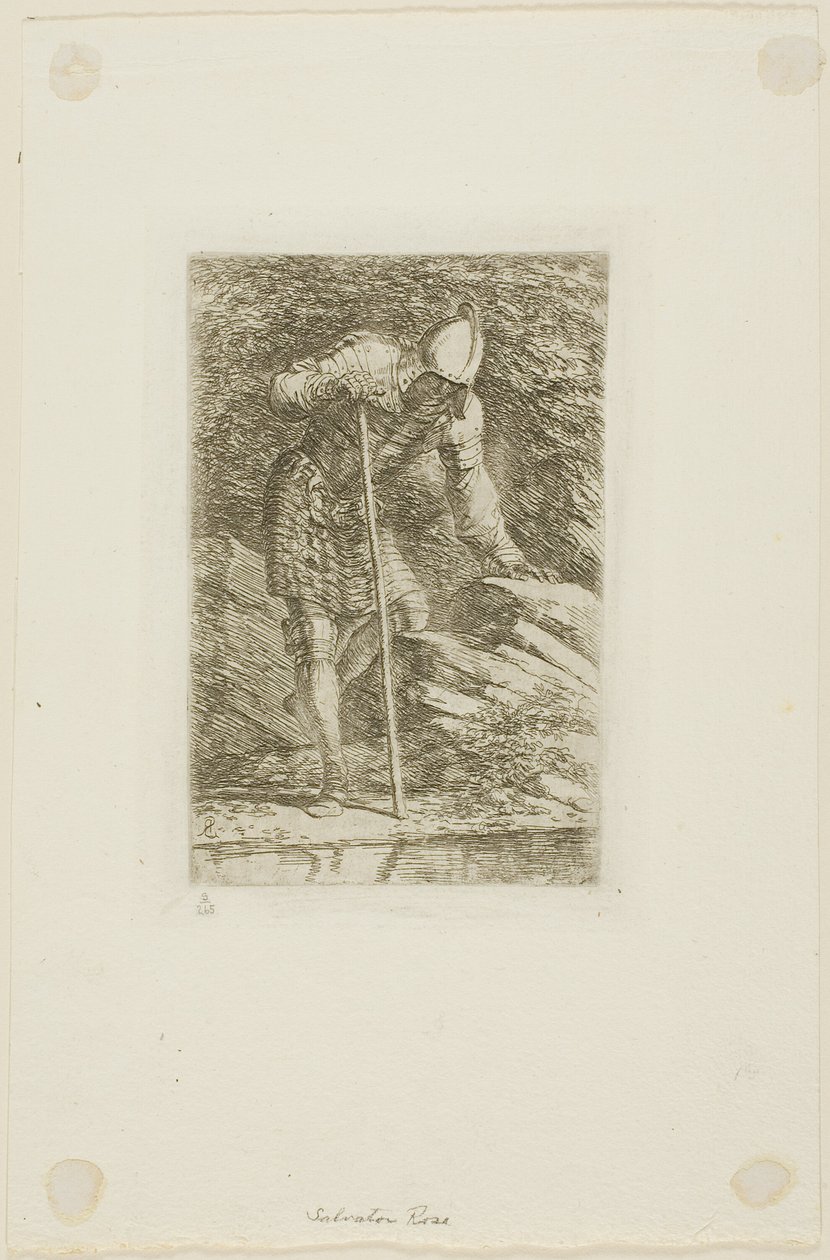 En kriger i full rustning i en grotte av Salvator Rosa