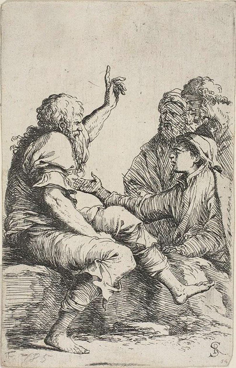 En skjeggete gammel mann satt på en stein og gjorde en hortatory gest mot tre menn overfor ham, fra Figurine-serien av Salvator Rosa