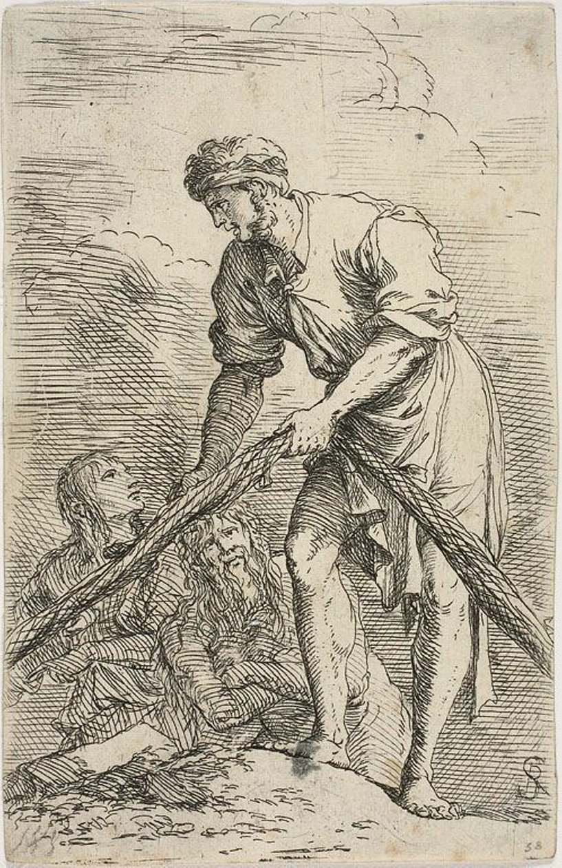 En menn som trekker et nett, med to figurer bak seg, fra Figurine-serien av Salvator Rosa