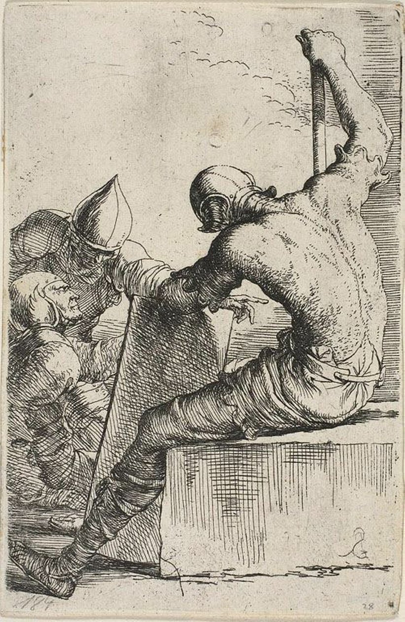 En kriger, som sitter på en forgrunnsblokk, holder et skjold og stav og snur seg mot to krigere bak seg, fra Figurine-serien av Salvator Rosa