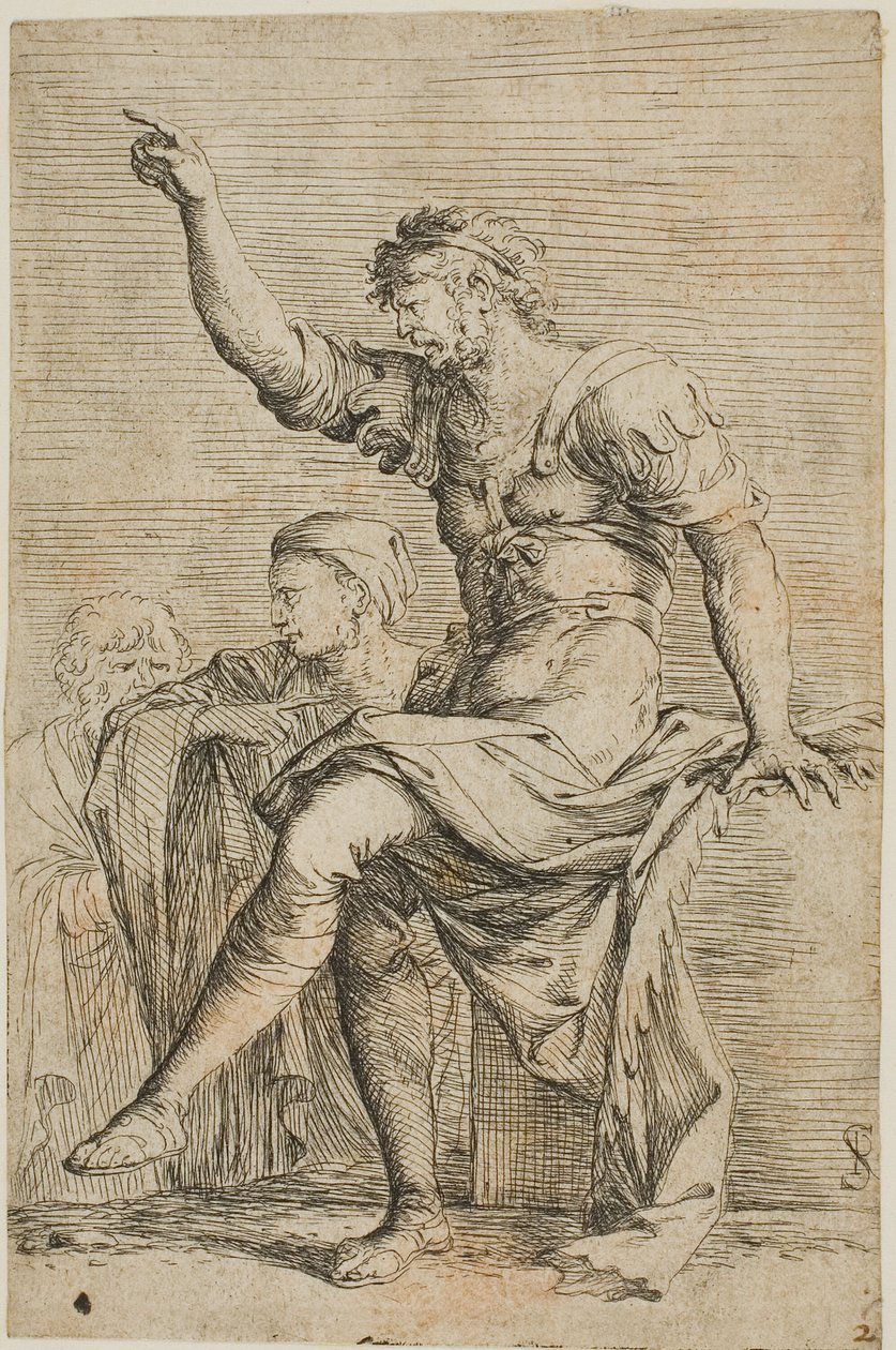 En kriger sitter på en blokk og gestikulerer; to figurer er bak ham, fra Figurine-serien av Salvator Rosa