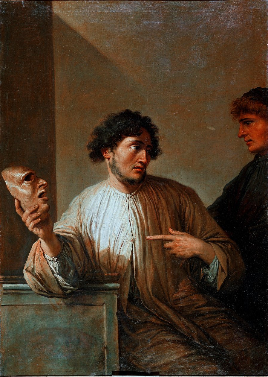 Allegorieløgn i form av en mann som holder en maske. Maleri av Salvator (Salvatore) Rosa (1615-1673) 1651 Søn. 136x96 cm Firenze, Palazzo Pitti av Salvator Rosa