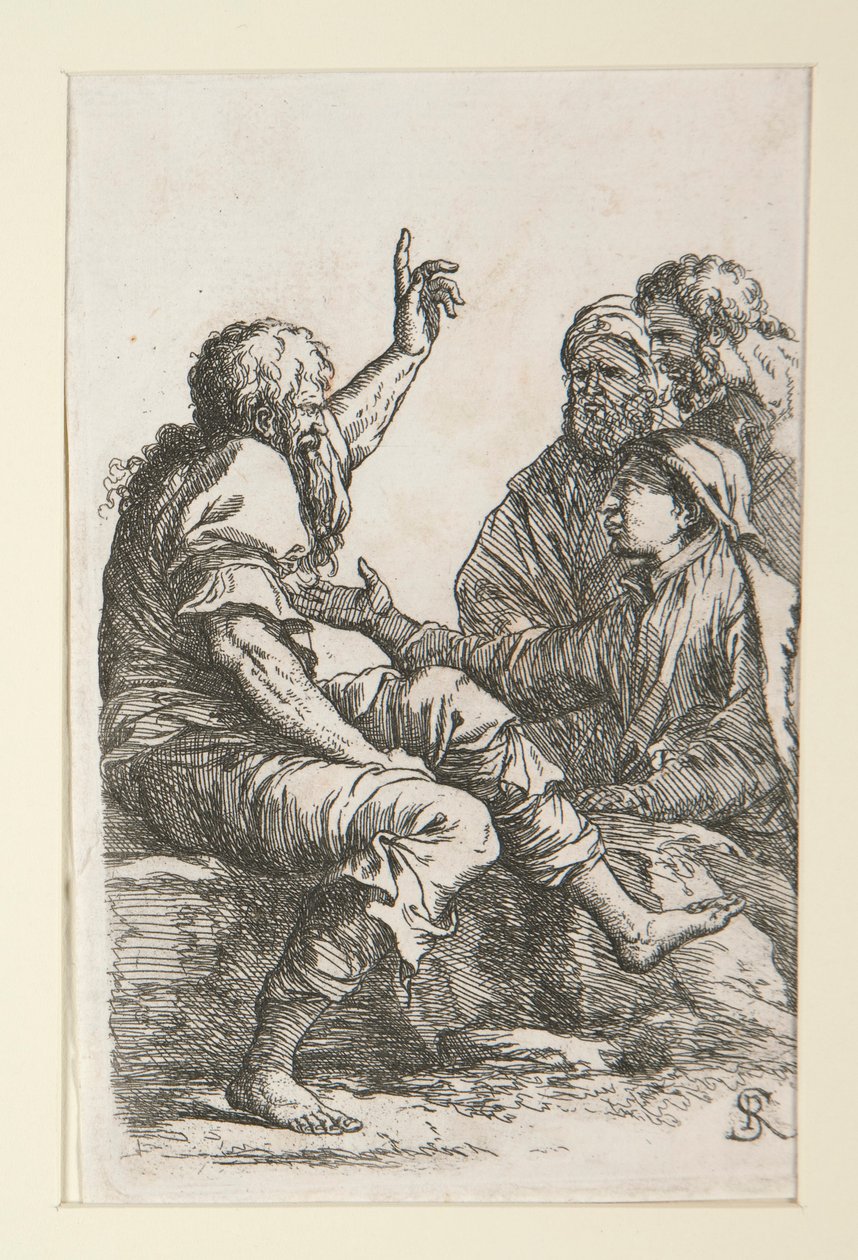 En gammel mann snakker med tre menn av Salvator Rosa
