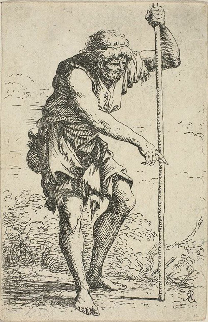En gammel, fillete mann med en stav og en jord ved hoften, fra Figurina av Salvator Rosa