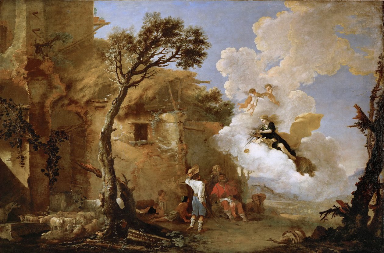 Astree (Astrape) quittant les bergers - The Return of Astraea, av Rosa, Salvatore (1615-1673). Olje på lerret, ca 1640-1645. Mål: 139,5x209 cm. Kunsthistorisk museum, Vienne av Salvator Rosa
