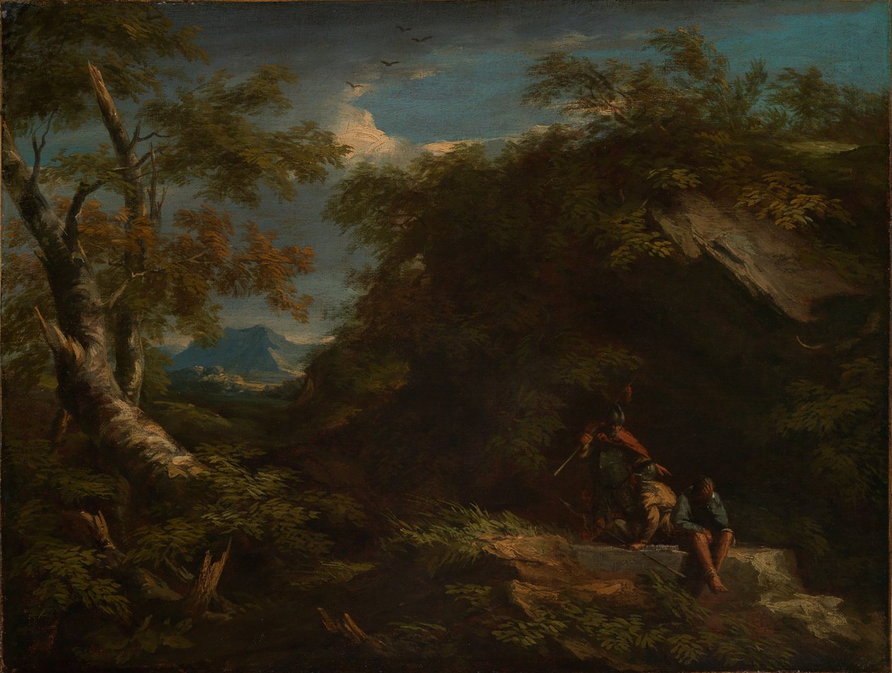 Fjellrikt skoglandskap med hvilende krigere av Salvator Rosa