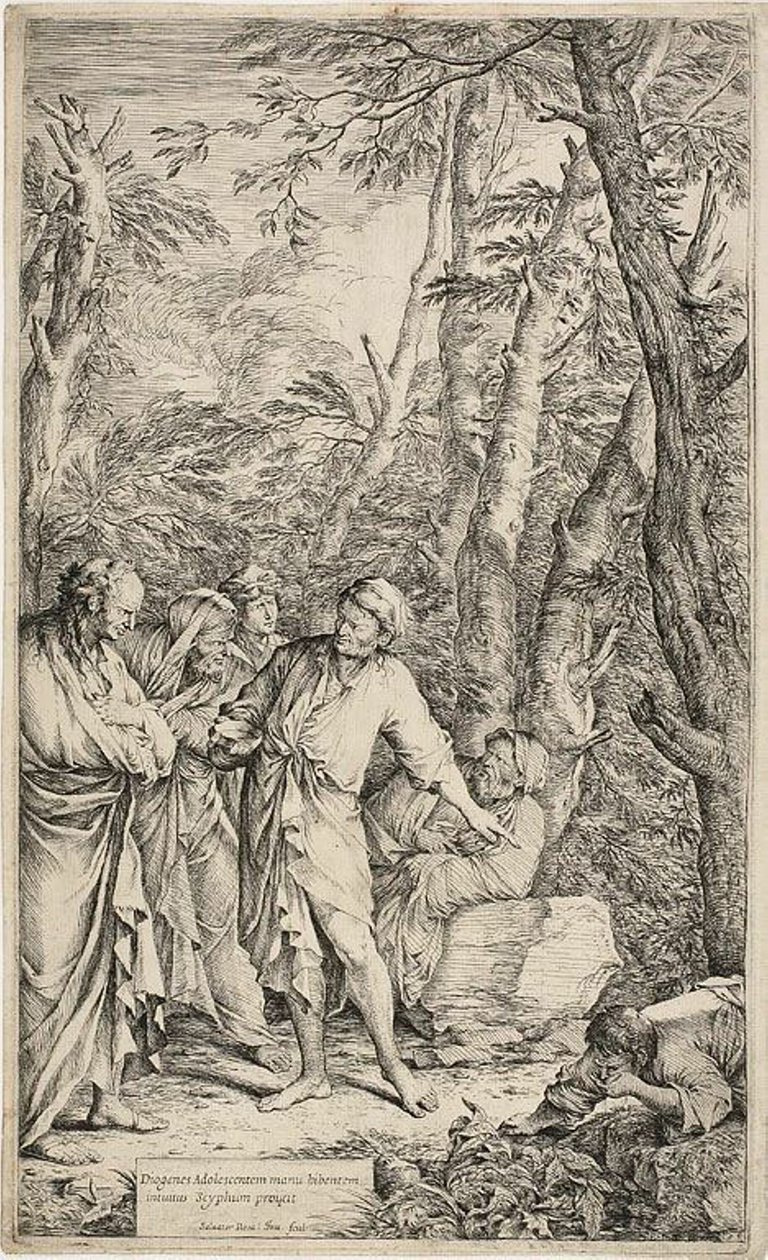 Diogenes kaster bort bollen sin av Salvator Rosa