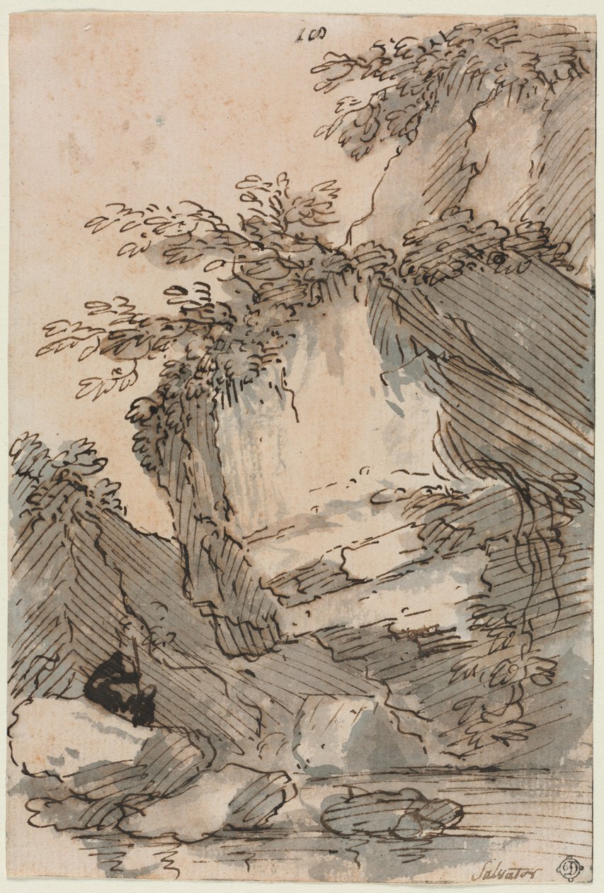 Figurer ved et steinete basseng av Salvator Rosa