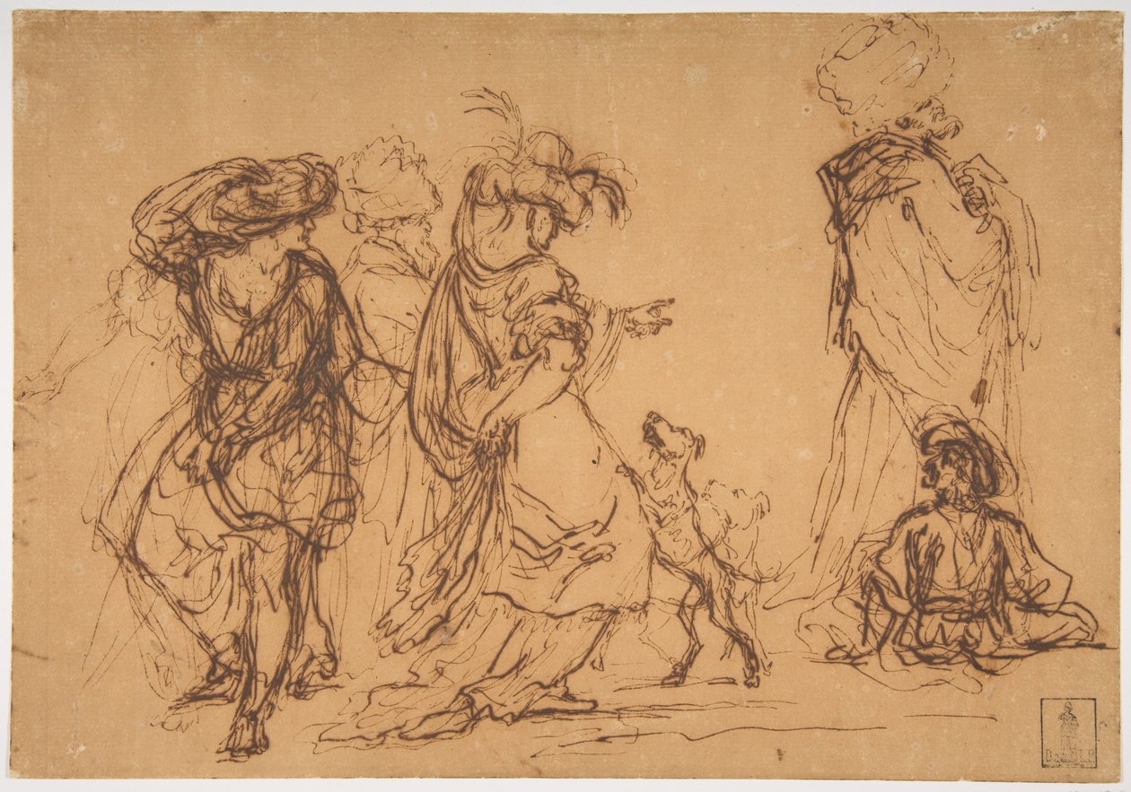 Fünf Figuren in fantastischen Kostümen mit zwei Hunden av Salvator Rosa