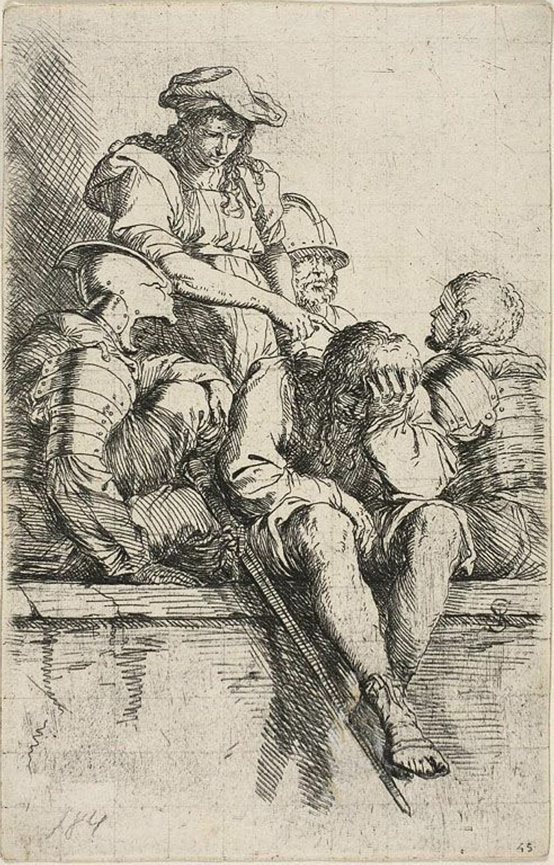 Fire krigere og en stående ungdom, som peker ned på en av dem, fra Figurine-serien av Salvator Rosa