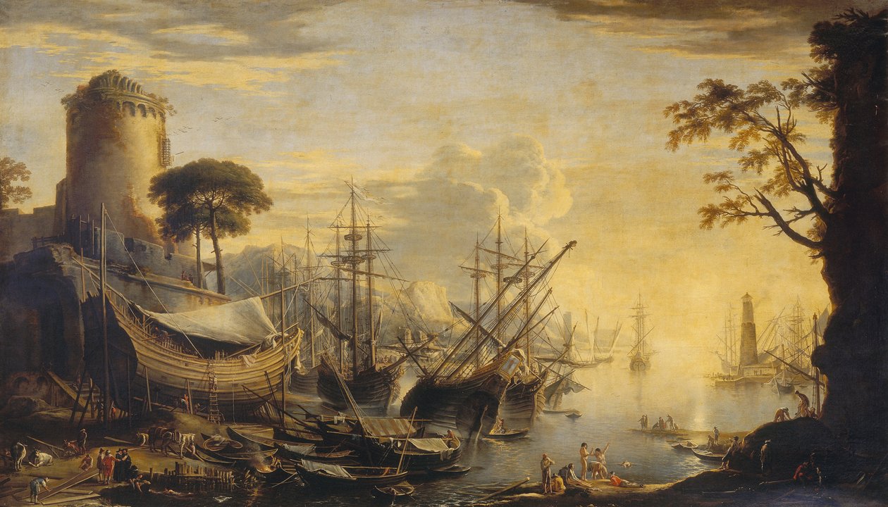 Havn ved solnedgang av Salvator Rosa