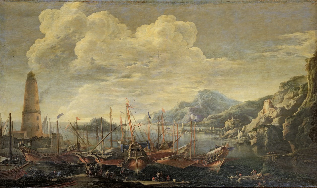 Havn med fyr og skip av Salvator Rosa