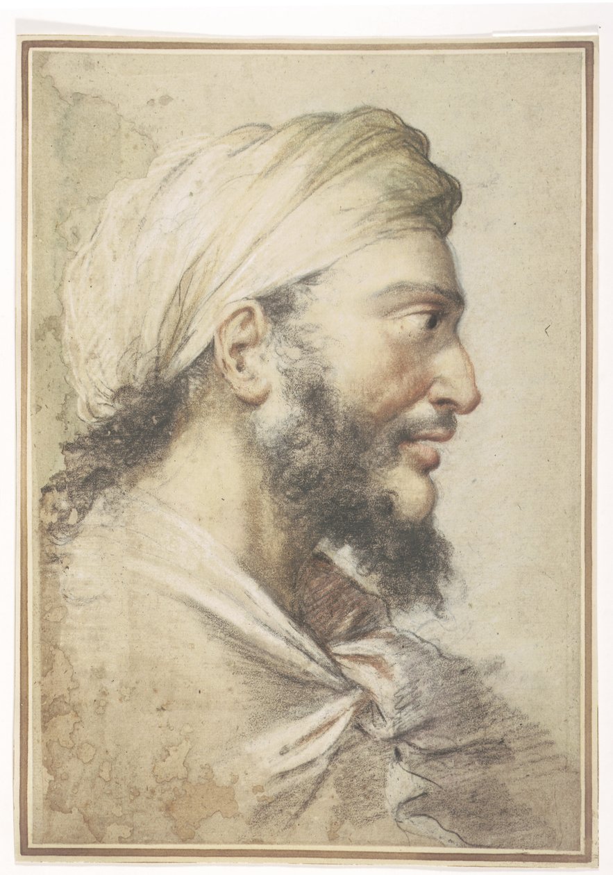 Hodet til en skjeggete mann i profil til høyre iført turban av Salvator Rosa