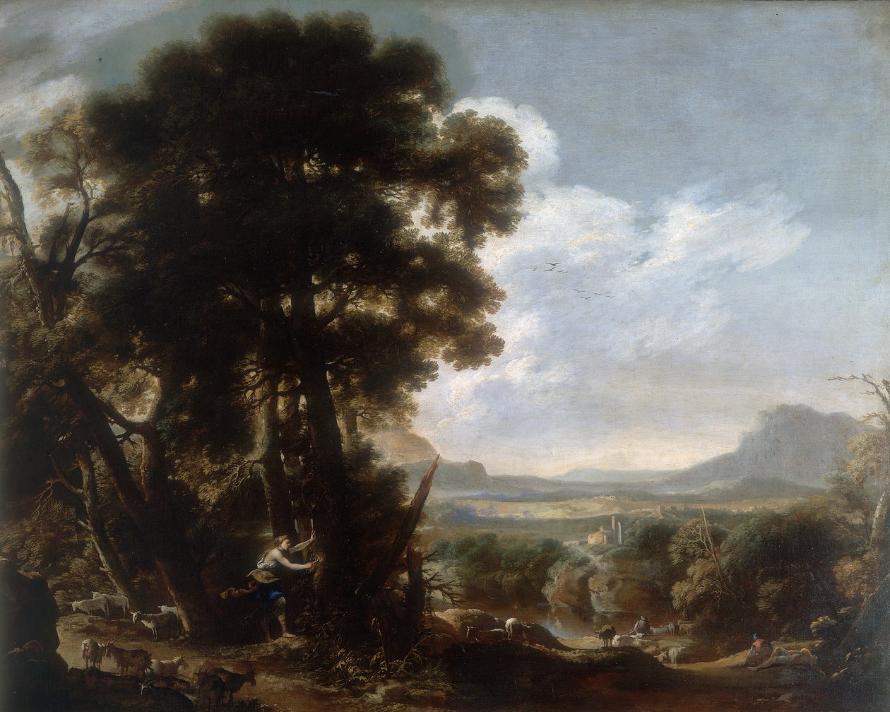 Hermina rister ut navnet Tancredi på et tre, verk av Salvatore Rosa, bevart på Galleria Estense i Modena av Salvator Rosa