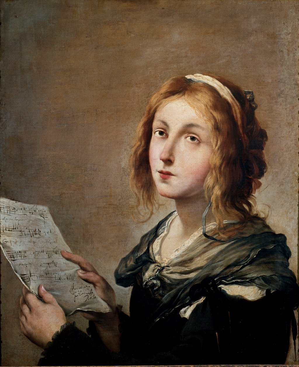 Musikk Ung kvinne fra en svært beskjeden sosial tilstand, legemliggjøring av musikk, et partitur i hånden. Maleri av Salvator av Salvator Rosa