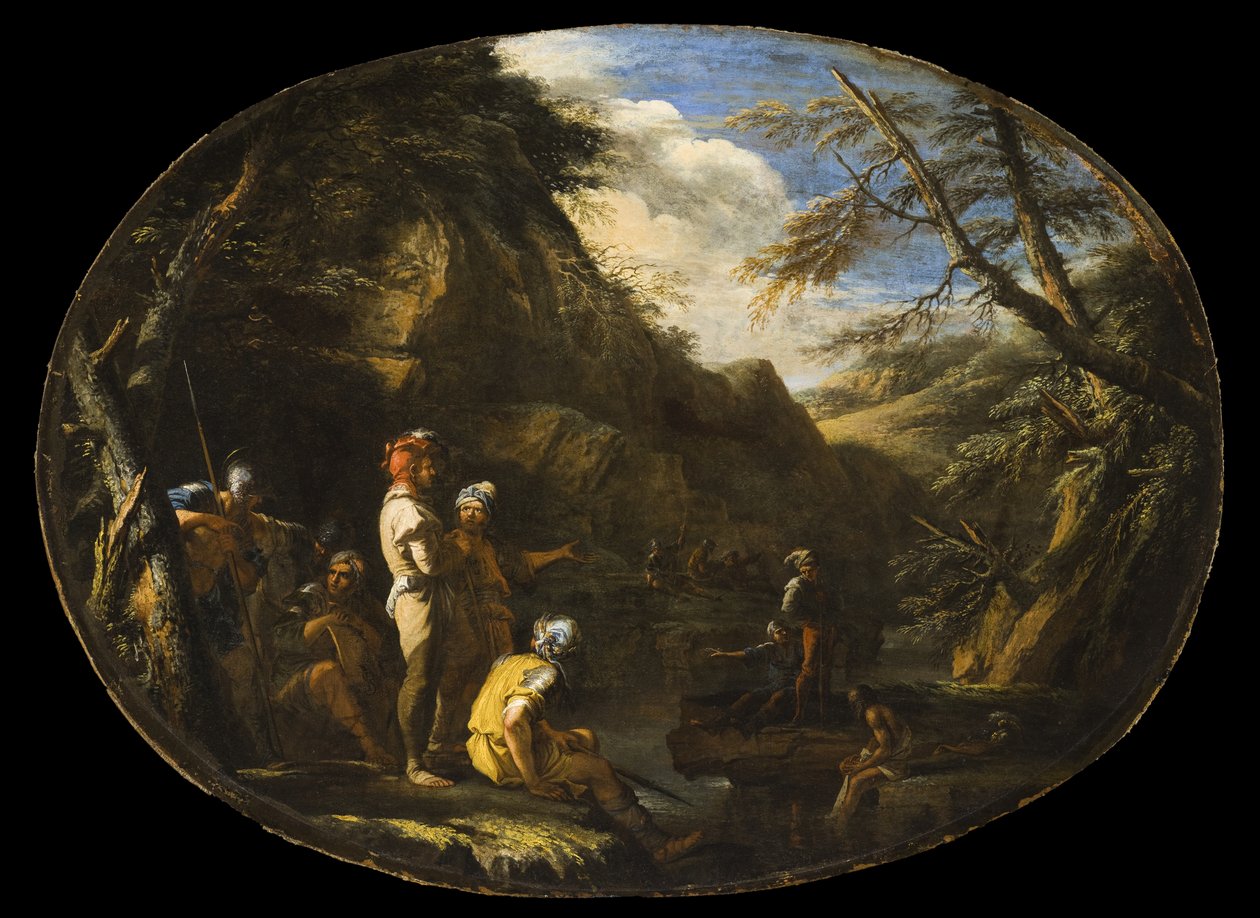 Landskap med væpnede menn av Salvator Rosa