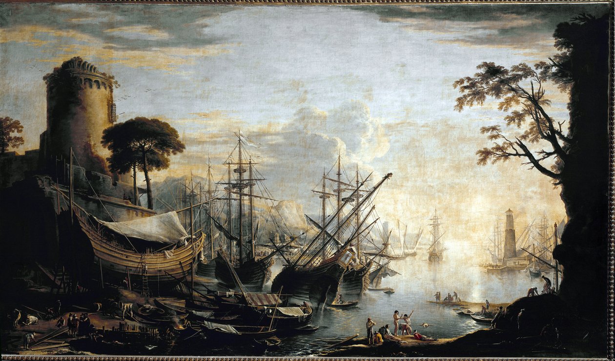 Marina av havnen. Maleri av Salvator Rosa av Salvator Rosa