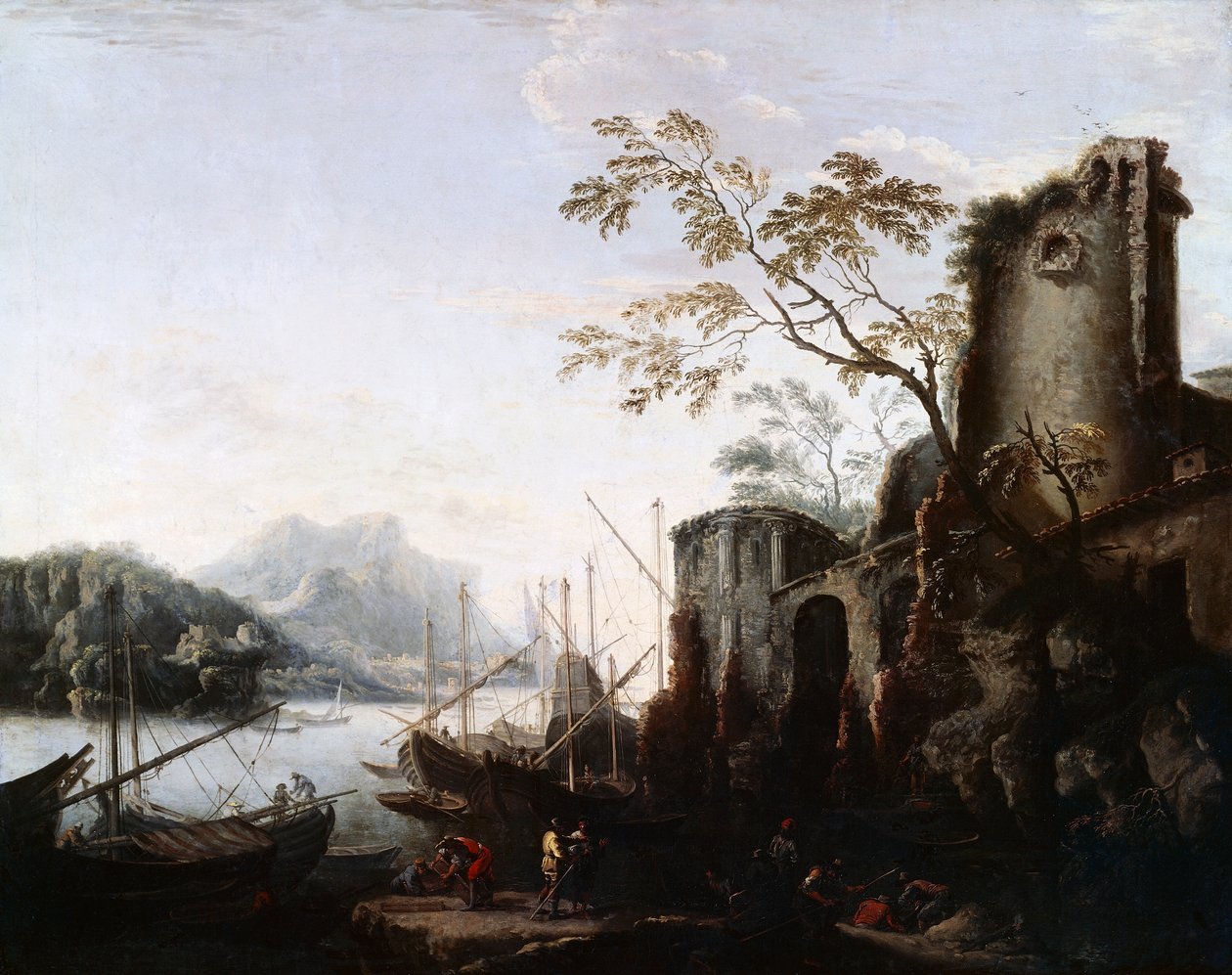 Marine Landscape with Towers with ships and ruiner (Marine Landscape with Towers), ca. 1645, av Salvator Rosa