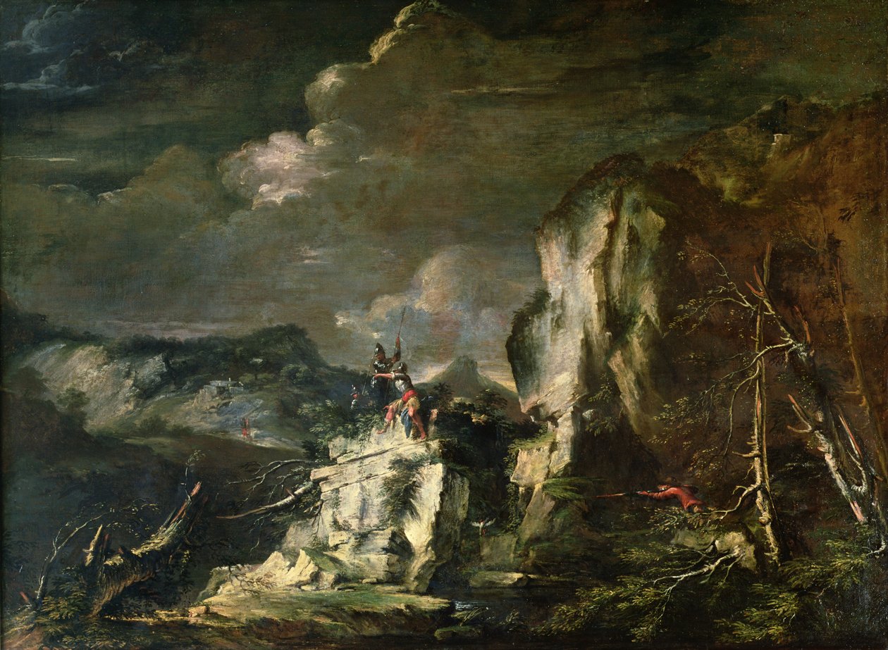 Steinete landskap med en jeger og krigere av Salvator Rosa