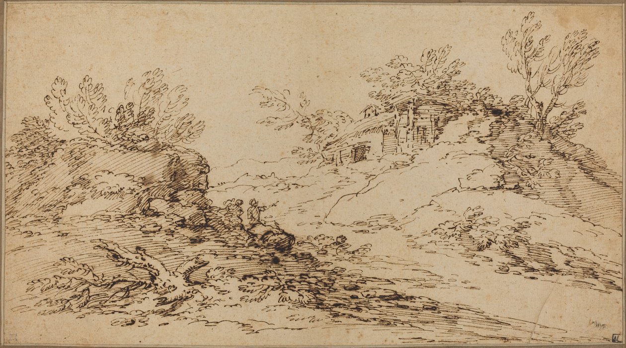 Steinete landskap med et rustikk hus av Salvator Rosa