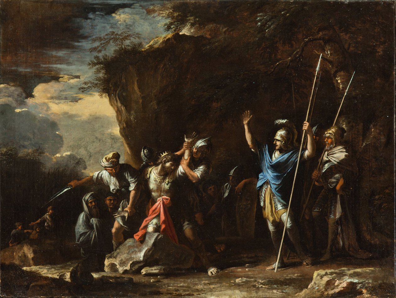 En scene fra gresk historie: Den døvstumme sønnen til kong Krøsus hindrer perserne i å drepe faren sin av Salvator Rosa