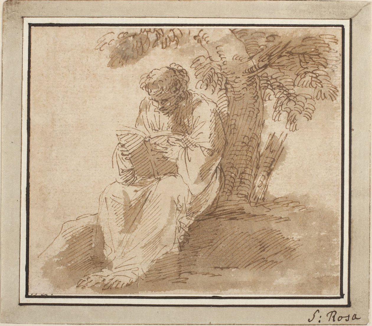 Sittende ung skikkelse som leser under et tre av Salvator Rosa
