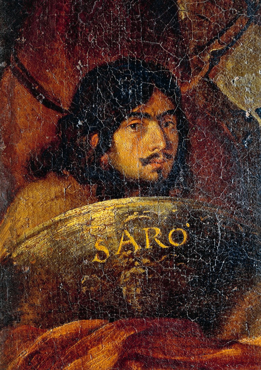 Selvportrett av maleren, detalj fra slaget mellom kristne og tyrkere, av Salvator Rosa (1613-1673), olje på lerret, 234x350 cm av Salvator Rosa