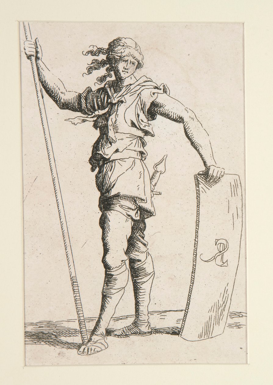 Soldat med lanse og skjold av Salvator Rosa