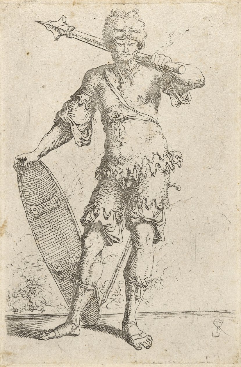 Stående eksotisk kriger iført en løvehodehette, holder en kappe og skjold, ca. 1656-57 (etsing på lagt papir) av Salvator Rosa