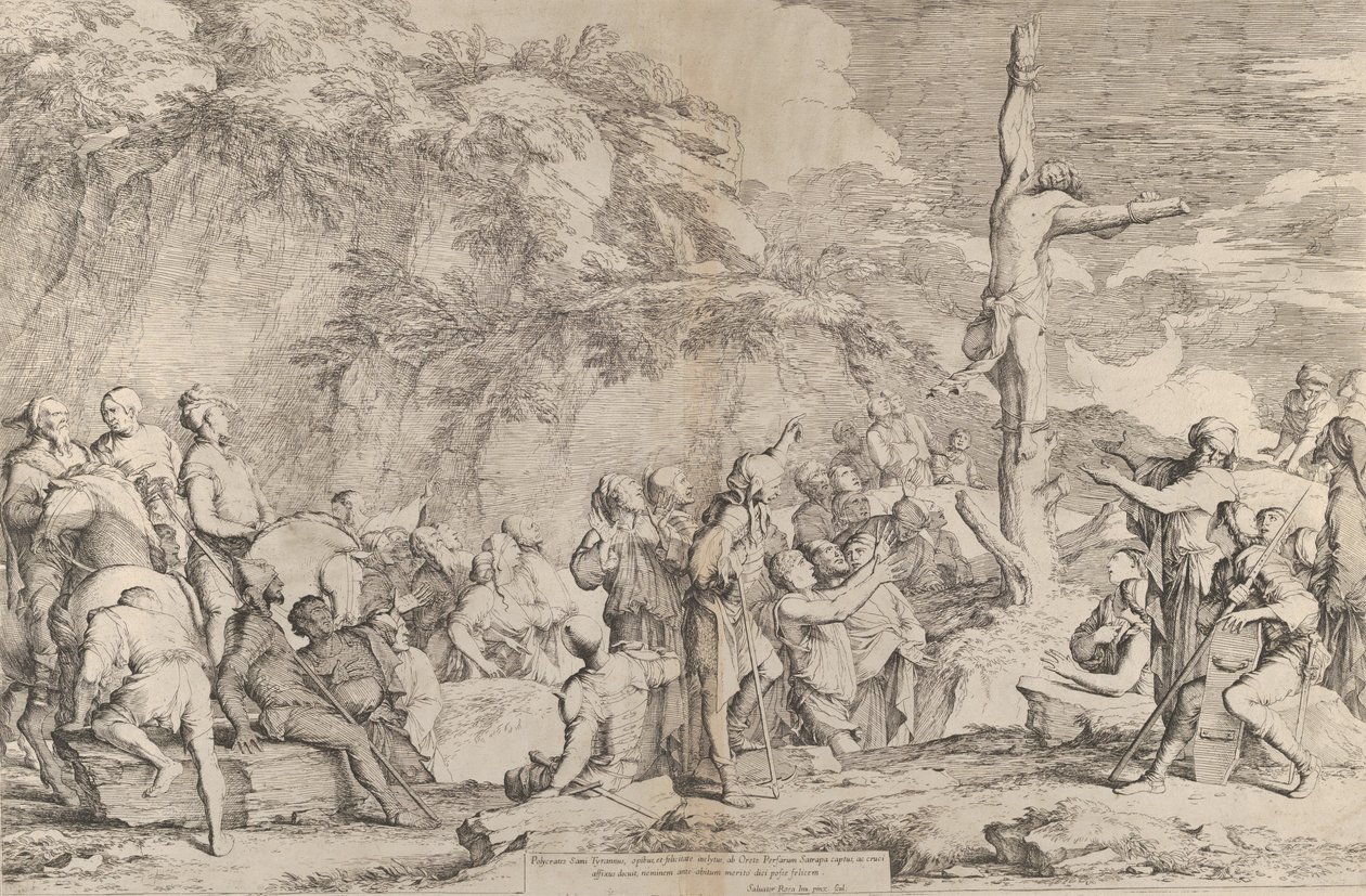 Korsfestelsen av tyrannen Polykrates etter hans fange av perserne, ca. 1662. av Salvator Rosa