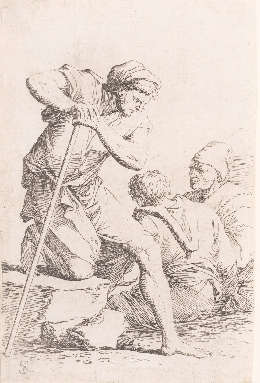 To menn sitter og en annen mann holder en stav knelende på en stein, fra serien, ca. 1656-1657. av Salvator Rosa