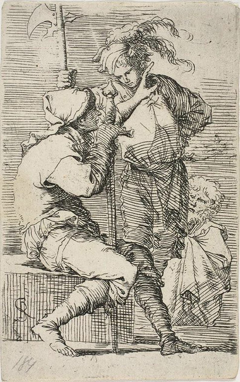 To krigere, den ene holder et sverd, den andre en hellebard; en gammel skjeggete mann bak dem, fra Figurine av Salvator Rosa