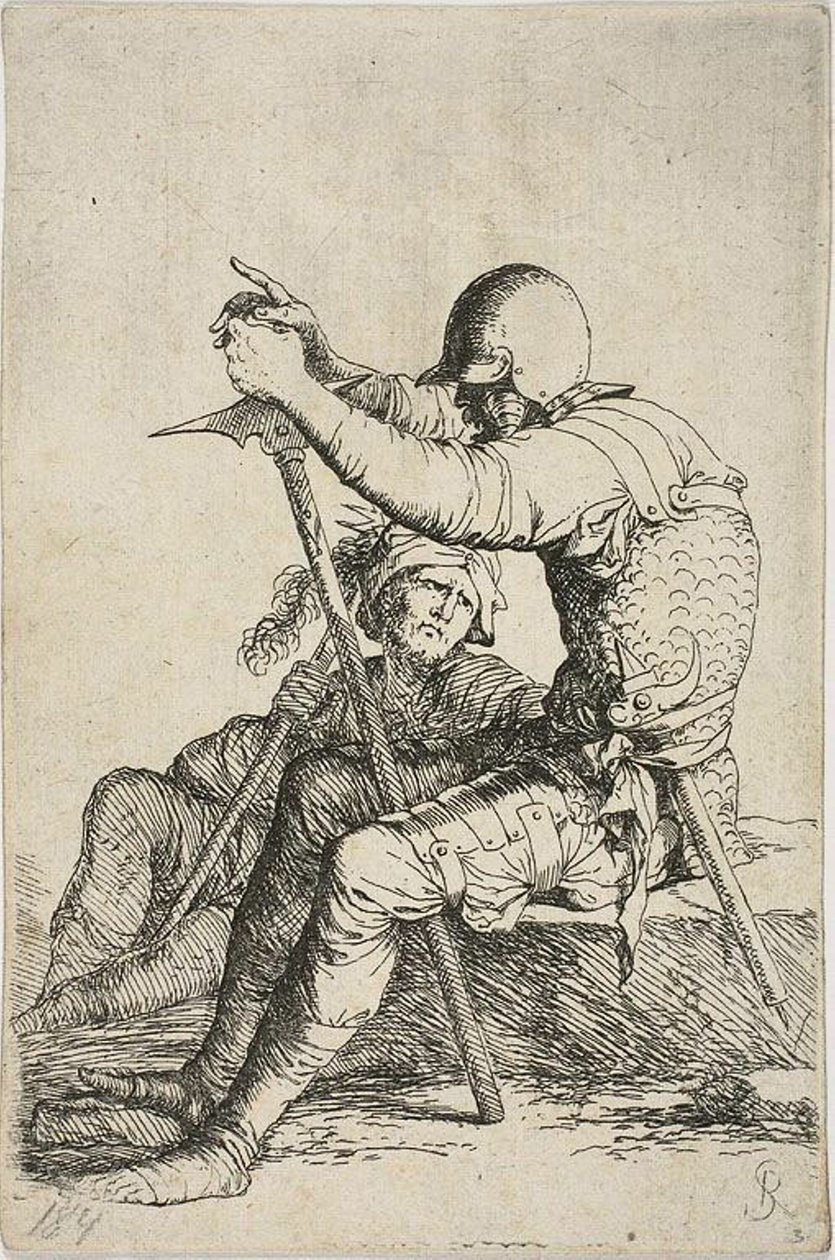 To krigere, en sitter på en lav forgrunnsstein og holder en krigshammer; den andre figuren satt på bakken bak ham, holder en mace over høyre skulder og ser opp på forgrunnsfuguren, fra Figurine-serien av Salvator Rosa