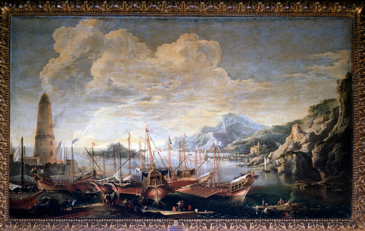 Utsikt over en havn - olje på lerret av Salvator Rosa