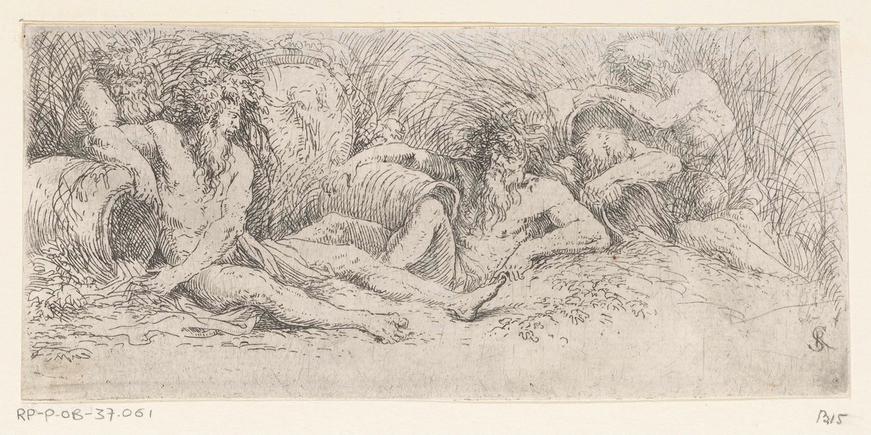 Fem elveguder med urner Tritons and River Gods (serietittel) av Salvator Rosa
