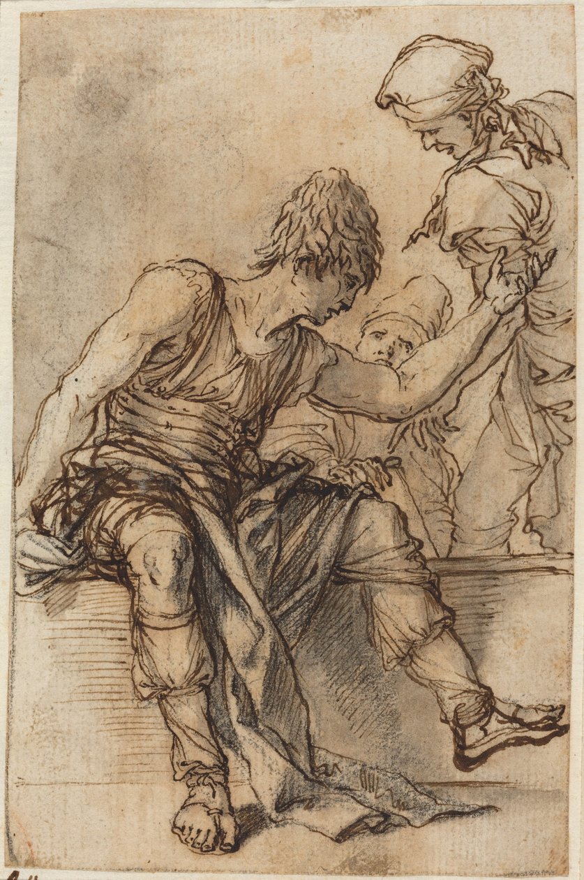 Ung mann som sitter på en mur i samtale med to menn av Salvator Rosa