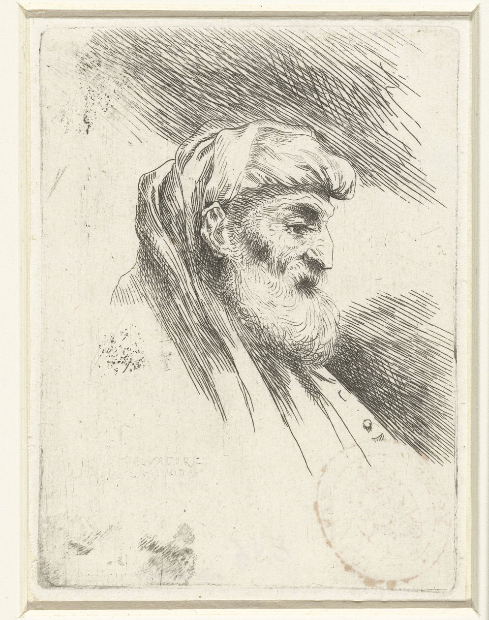 Hodet til en gammel mann med skjegg Liten studie av hoder med orientalsk hodeplagg (serietittel) av Salvatore Castiglione (signed by artist)