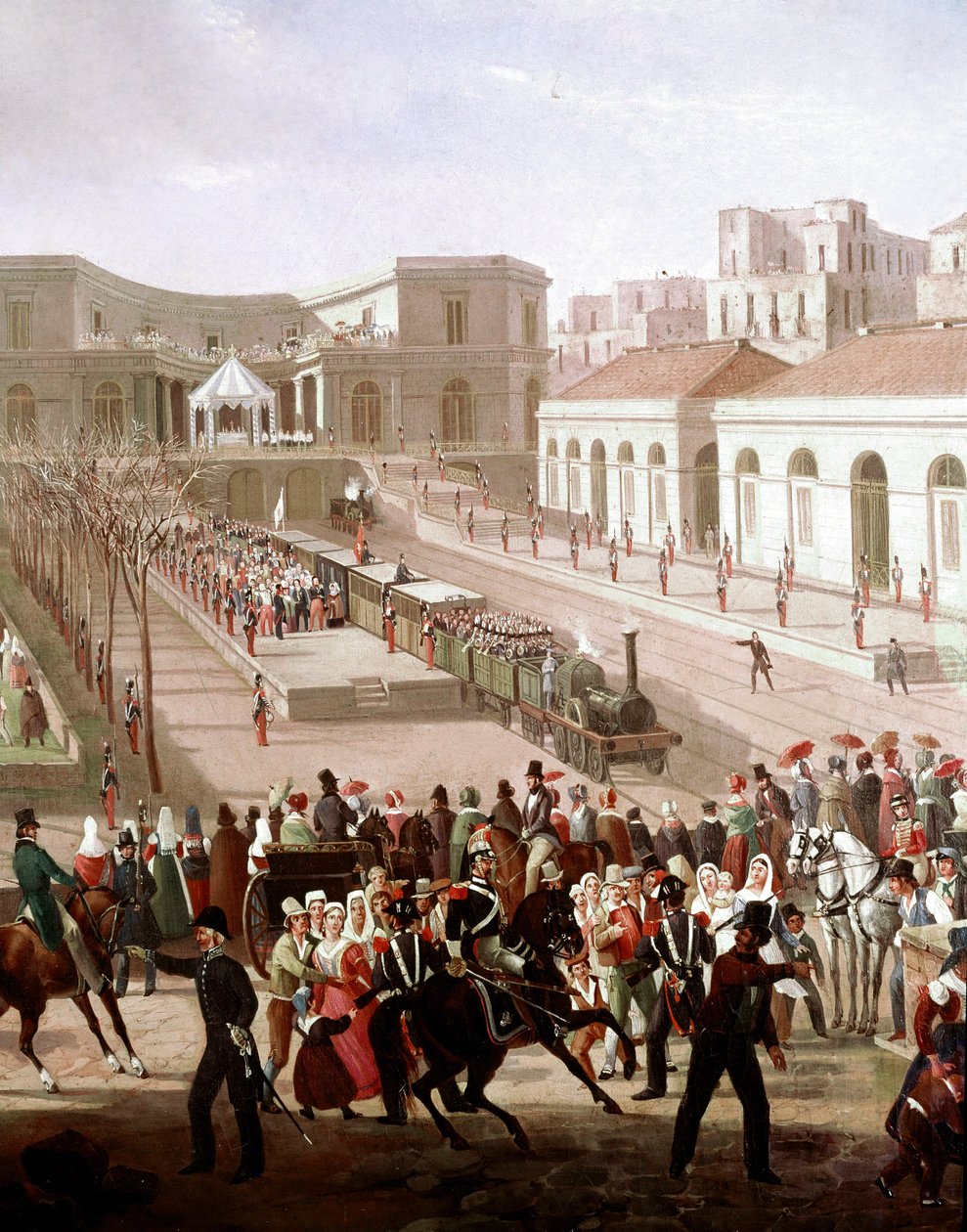 Innvielse av jernbanelinjen mellom Napoli og Portici i 1839 i nærvær av kong Ferdinand II (Innvielse av jernbanelinjen mellom Napoli og Portici i 1839) Detalj - Maleri av Salvatore Fergola (1799-1877) Museo Nazionale di San Martino Nap av Salvatore Fergola
