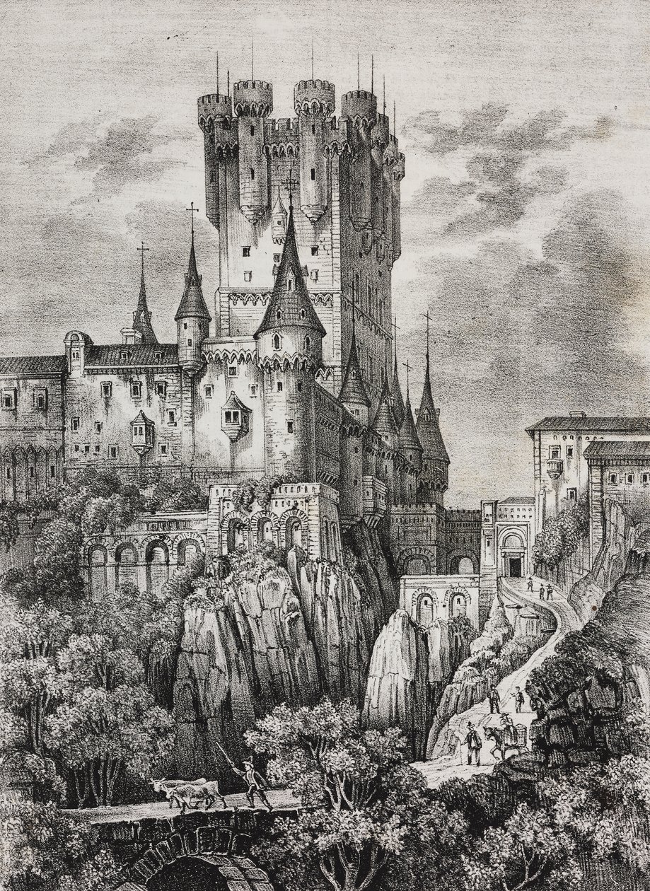 Alcazar of Segovia, Spania, litografi av Salvatore Puglia fra Poliorama Pittoresco, n 36, 12. april av Salvatore Puglia