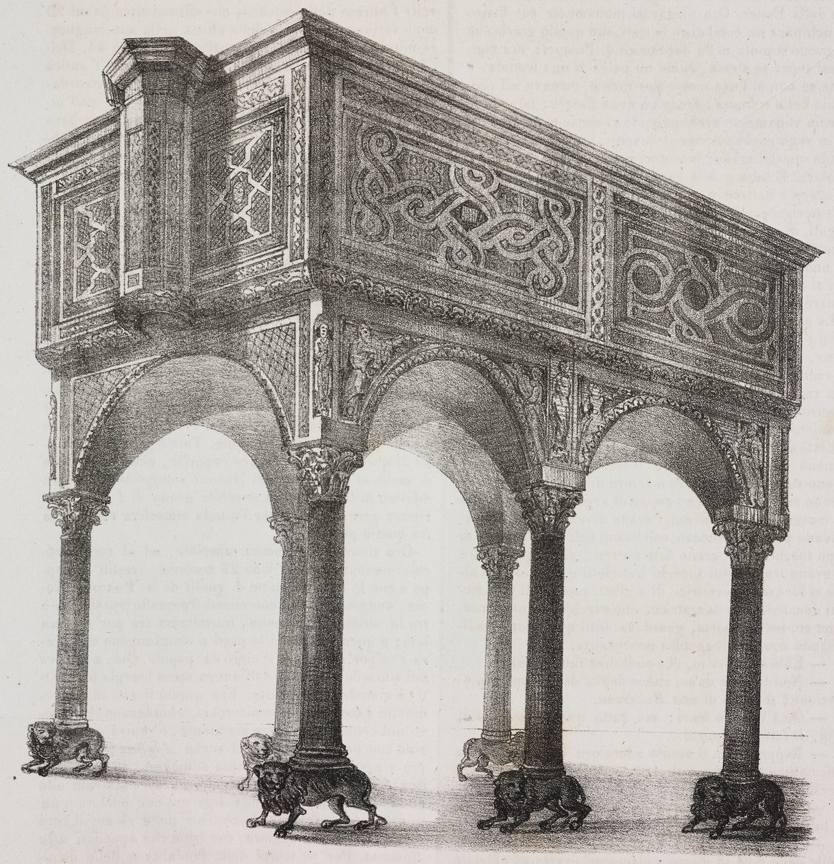 Gammel ambo i Sessa Aurunca-katedralen, Campania, Italia, litografi av Salvatore Puglia etter tegning av Pasquale Mattei (1813-1879) fra Poliorama Pittoresco, n 43, 31. mai av Salvatore Puglia