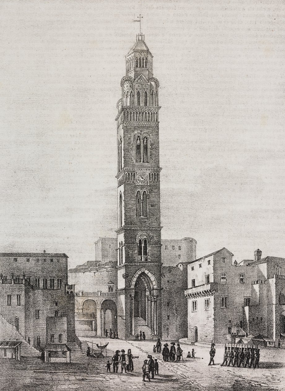 Klokketårnet til Gaeta-katedralen, Lazio, Italia, litografi av Salvatore Puglia etter tegning av Pasquale Mattei (1813-1879), fra Poliorama Pittoresco, n 48, 6. juli av Salvatore Puglia