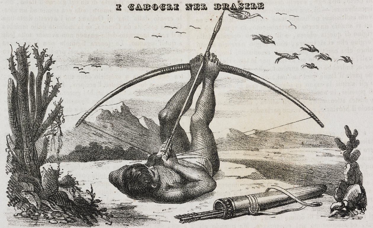 Caboclo-mann med piler og buer, Brasil, litografi av Salvatore Puglia fra Poliorama Pittoresco, n 41, 18. mai av Salvatore Puglia