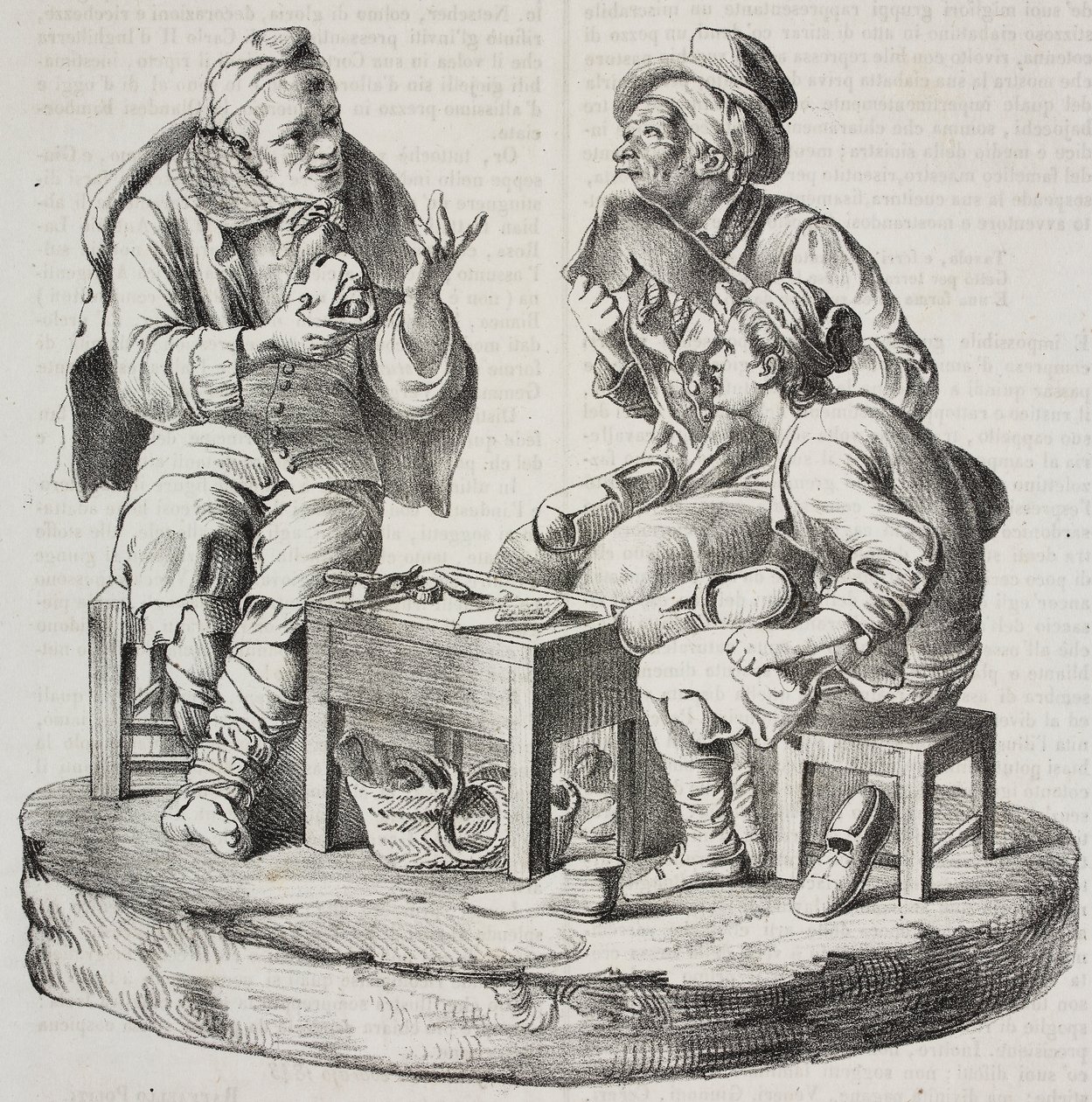 Skomaker i strid, statuetter av Giacomo Bongiovanni og Giuseppe Vaccaro, litografi av Salvatore Puglia fra Poliorama Pittoresco, n 32, 18. mars av Salvatore Puglia