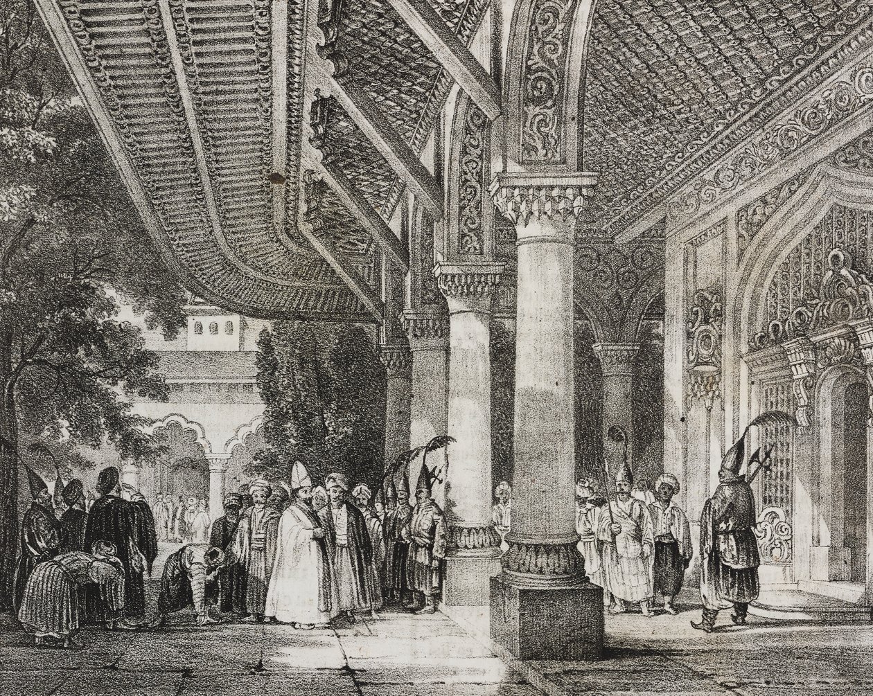 Inngangshallen til Serraglio, Tyrkia, fra historieharem i øst, litografi fra Poliorama Pittoresco, n 12, 28. oktober av Salvatore Puglia