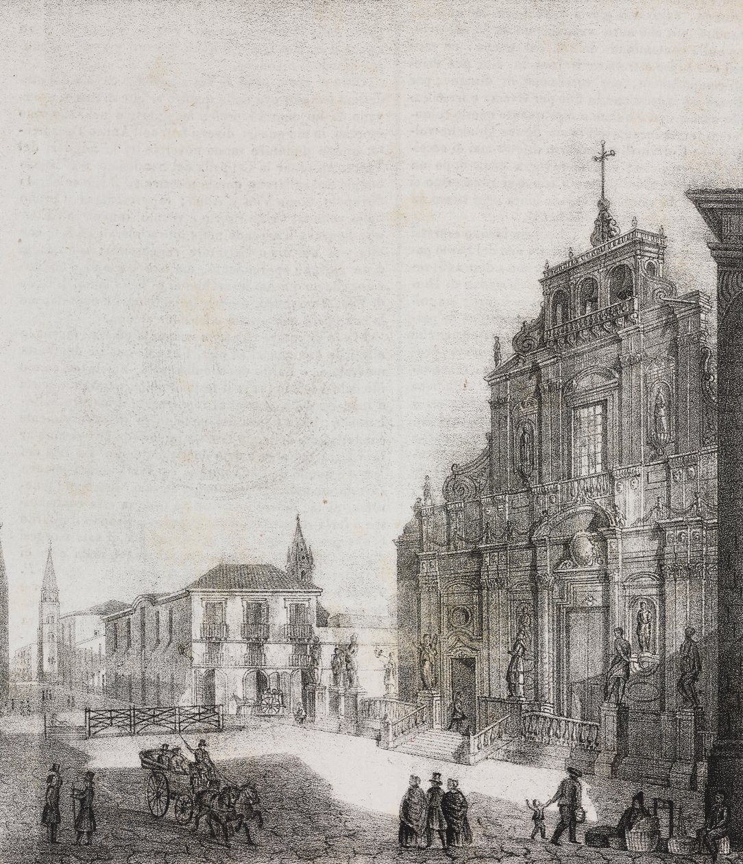 Fasade av basilikaen San Sebastiano i Acireale, Sicilia, Italia, litografi av Salvatore Puglia fra Poliorama Pittoresco, n 39, 3. mai av Salvatore Puglia