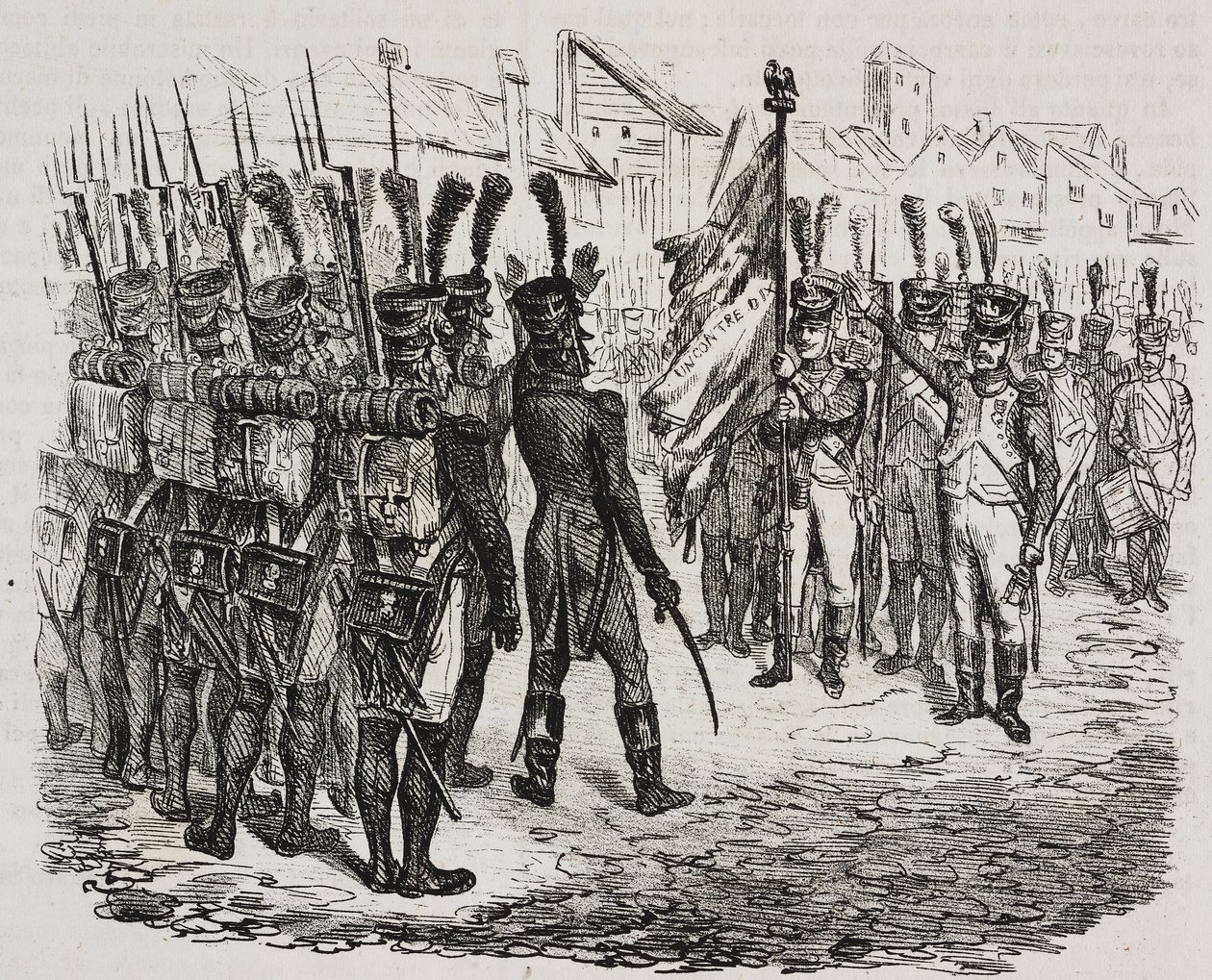 Flagget til 84. regiment, litografi av Salvatore Puglia fra fra History of Napoleon av Cesare Malpica (1804-1848), fra Poliorama Pittoresco, n 16, 25 november av Salvatore Puglia